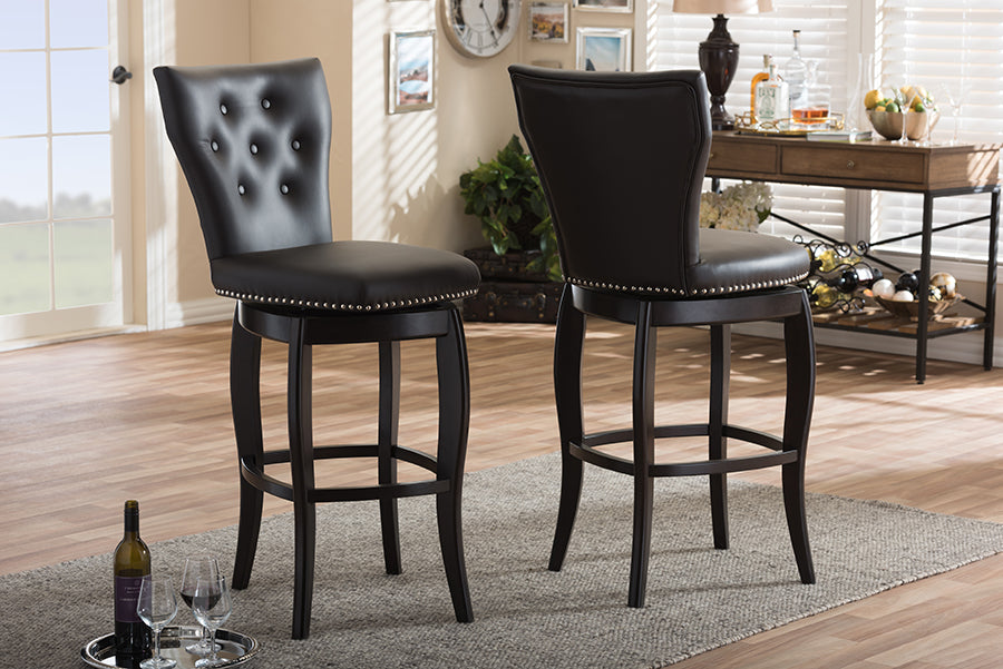 Baxton Studio Leonice Modern and Contemporary Dark Brown Faux Leather Upholstered Button-tufted 29-Inch Swivel Bar Stool (Set of 2) | Bar Stools | Modishstore