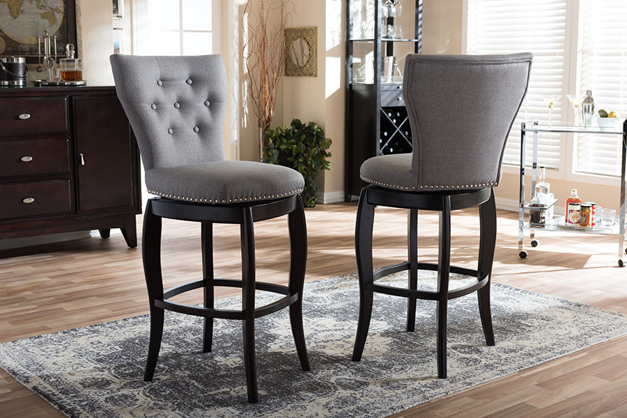 Baxton Studio Leonice Modern and Contemporary Dark Brown Faux Leather Upholstered Button-tufted 29-Inch Swivel Bar Stool (Set of 2) | Bar Stools | Modishstore - 9
