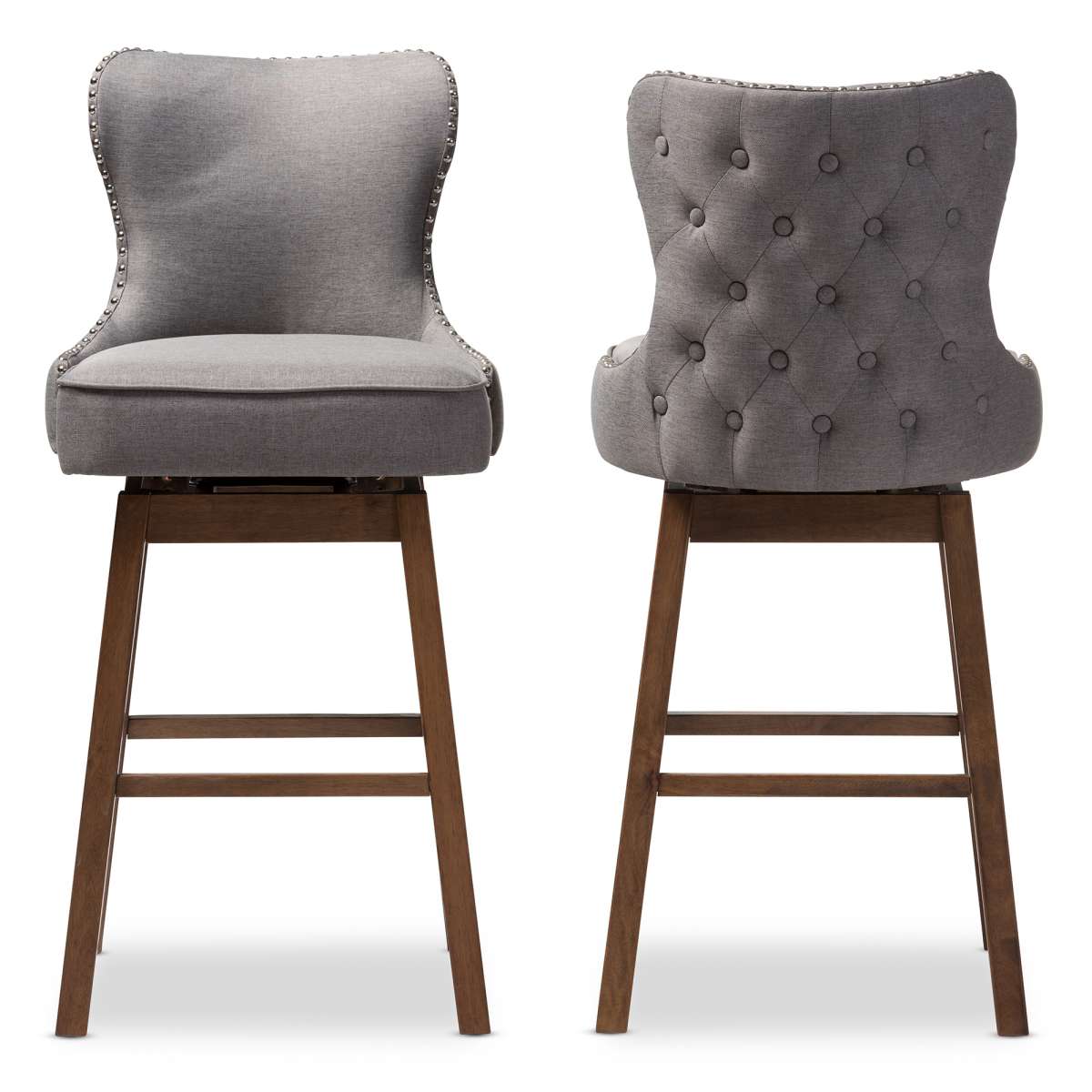 Baxton Studio Gradisca Modern and Contemporary Brown Wood Finishing and Grey Fabric Button-Tufted Upholstered Swivel Barstool | Bar Stools | Modishstore - 7