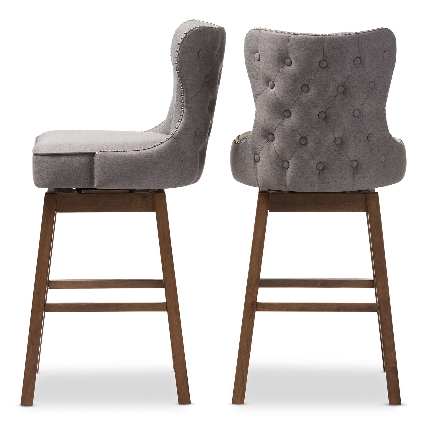 Baxton Studio Gradisca Modern and Contemporary Brown Wood Finishing and Grey Fabric Button-Tufted Upholstered Swivel Barstool | Bar Stools | Modishstore - 3