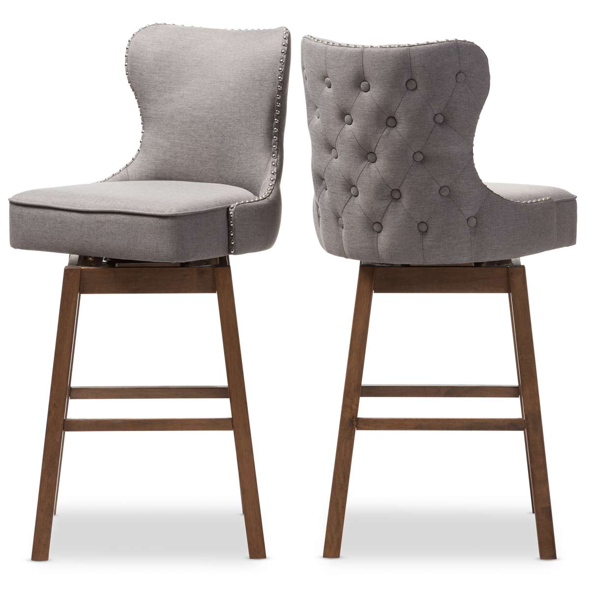 Baxton Studio Gradisca Modern and Contemporary Brown Wood Finishing and Grey Fabric Button-Tufted Upholstered Swivel Barstool | Bar Stools | Modishstore - 4