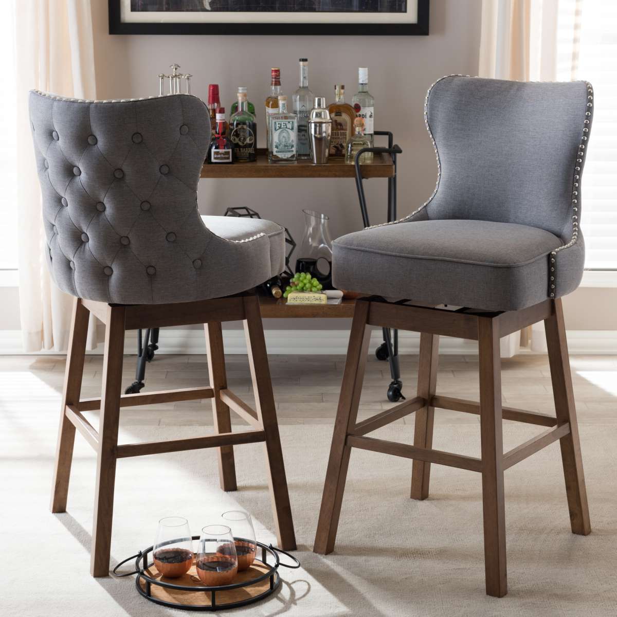 Baxton Studio Gradisca Modern and Contemporary Brown Wood Finishing and Grey Fabric Button-Tufted Upholstered Swivel Barstool | Bar Stools | Modishstore