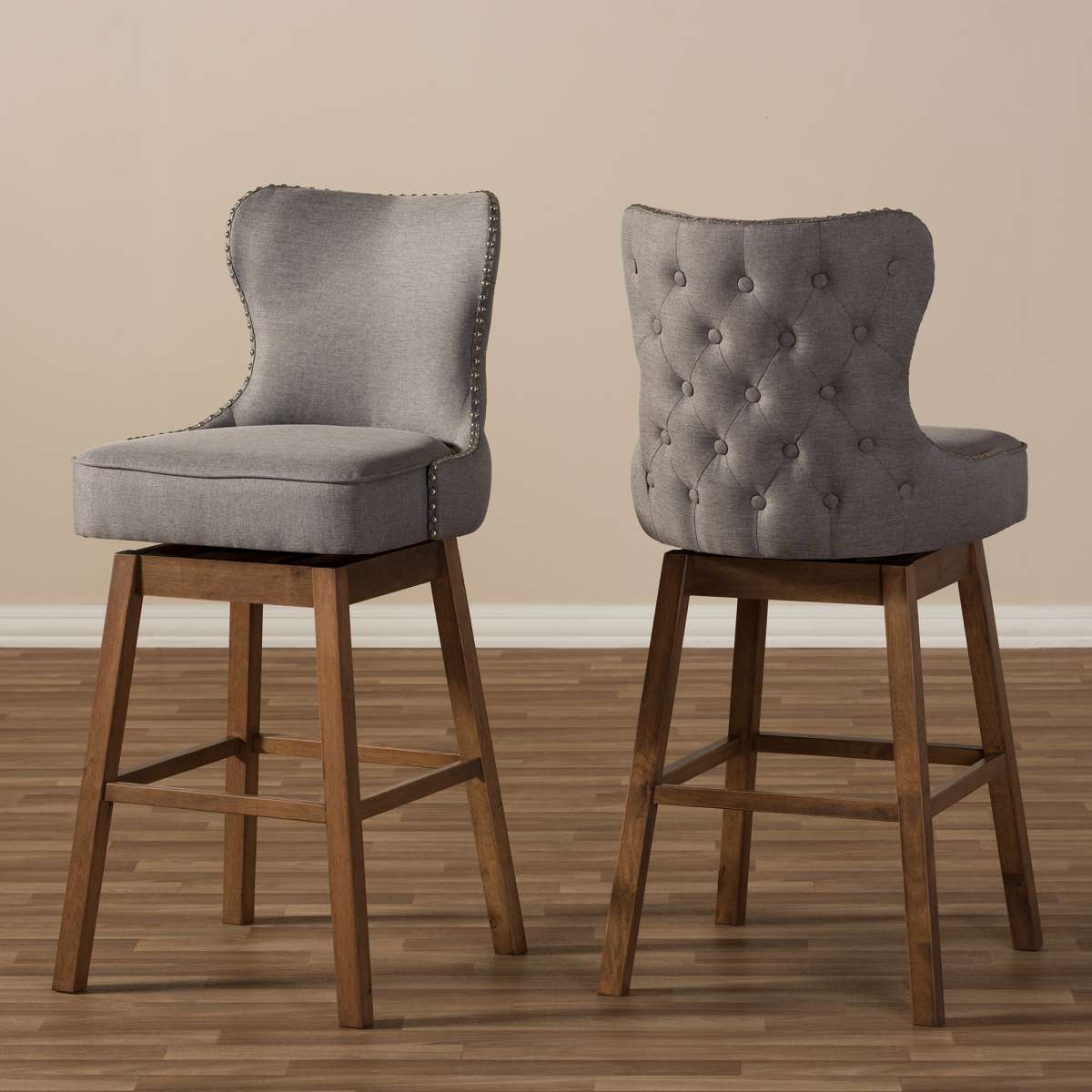 Baxton Studio Gradisca Modern and Contemporary Brown Wood Finishing and Grey Fabric Button-Tufted Upholstered Swivel Barstool | Bar Stools | Modishstore - 2