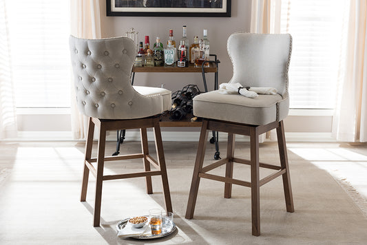 Baxton Studio Gradisca Modern and Contemporary Brown Wood Finishing and Light Beige Fabric Button-Tufted Upholstered Swivel Barstool | Modishstore | Bar Furniture