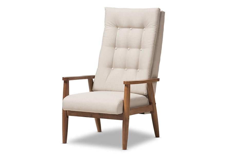 baxton studio roxy mid century modern walnut brown finish wood and light beige fabric upholstered button tufted high back chair | Modish Furniture Store-2