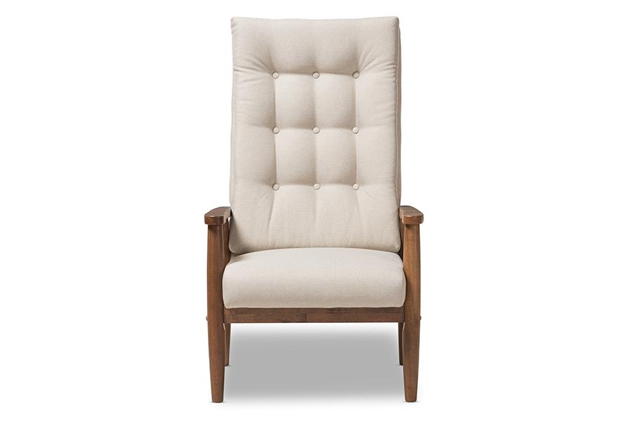 baxton studio roxy mid century modern walnut brown finish wood and light beige fabric upholstered button tufted high back chair | Modish Furniture Store-3