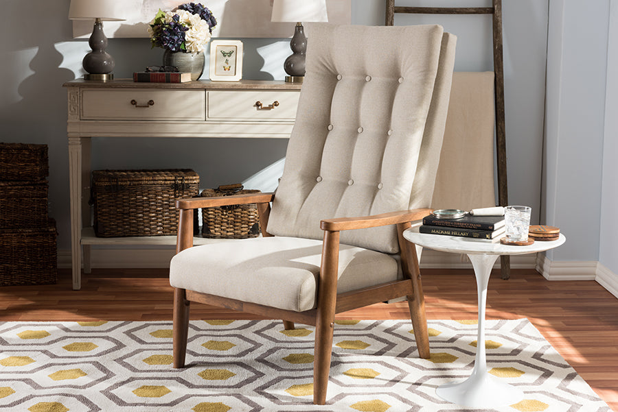 Baxton Studio Roxy Mid-Century Modern Walnut Brown Finish Wood and Light Beige Fabric Upholstered Button-Tufted High-Back Chair | Modishstore | Lounge Chairs
