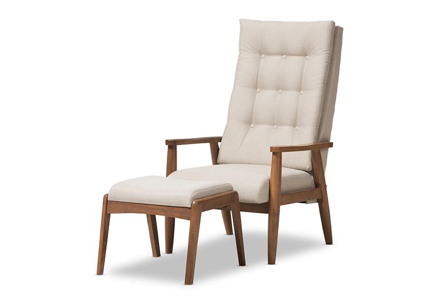 baxton studio roxy mid century modern walnut wood finishing and light beige fabric upholstered button tufted high back lounge chair and ottoman set | Modish Furniture Store-2