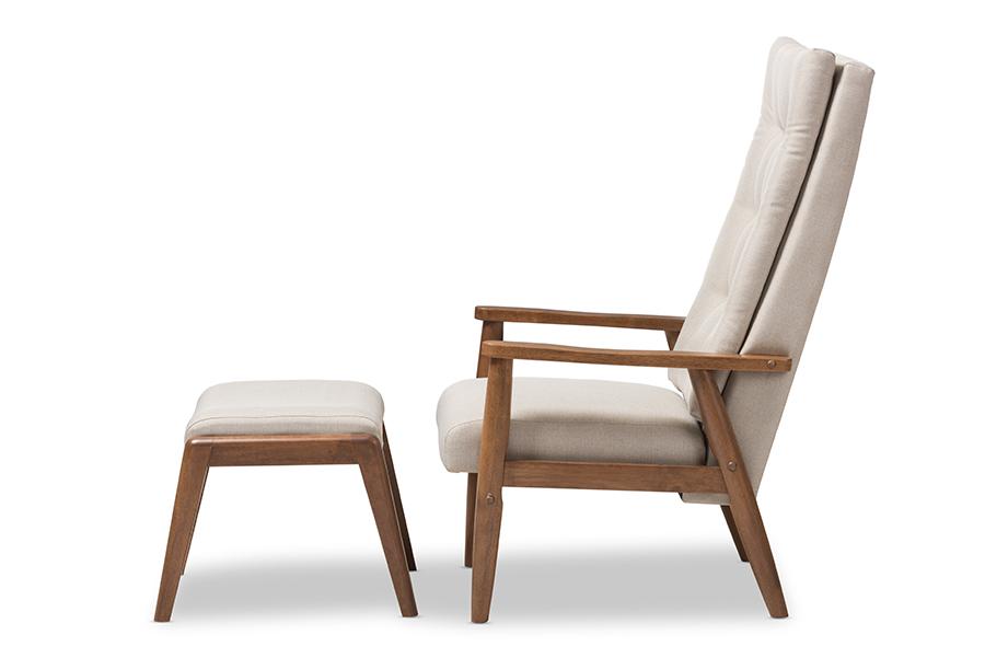 baxton studio roxy mid century modern walnut wood finishing and light beige fabric upholstered button tufted high back lounge chair and ottoman set | Modish Furniture Store-3