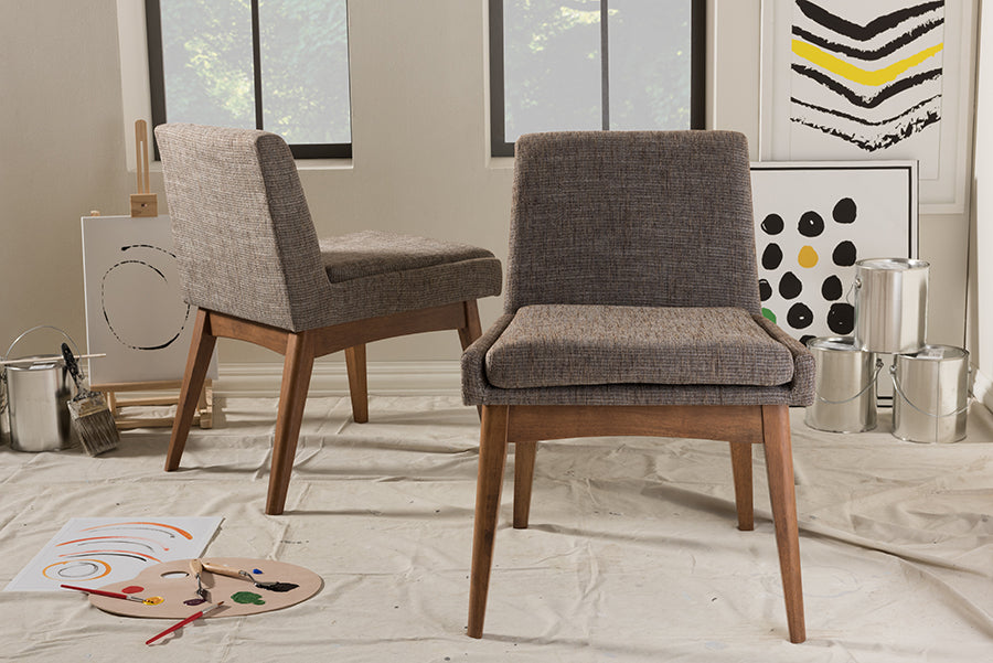 Baxton Studio Nexus Mid-Century Modern Walnut Wood Finishing and Gravel Fabric Upholstered Dining Side Chair (Set of 2) | Modishstore | Dining Chairs