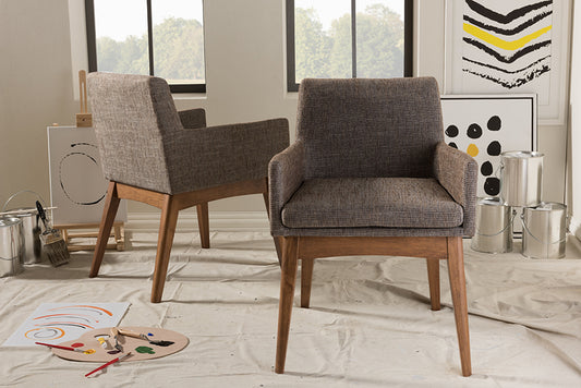 Baxton Studio Nexus Mid-Century Modern Walnut Wood Finishing and Gravel Fabric Upholstered Arm Chair (Set of 2) | Modishstore | Armchairs