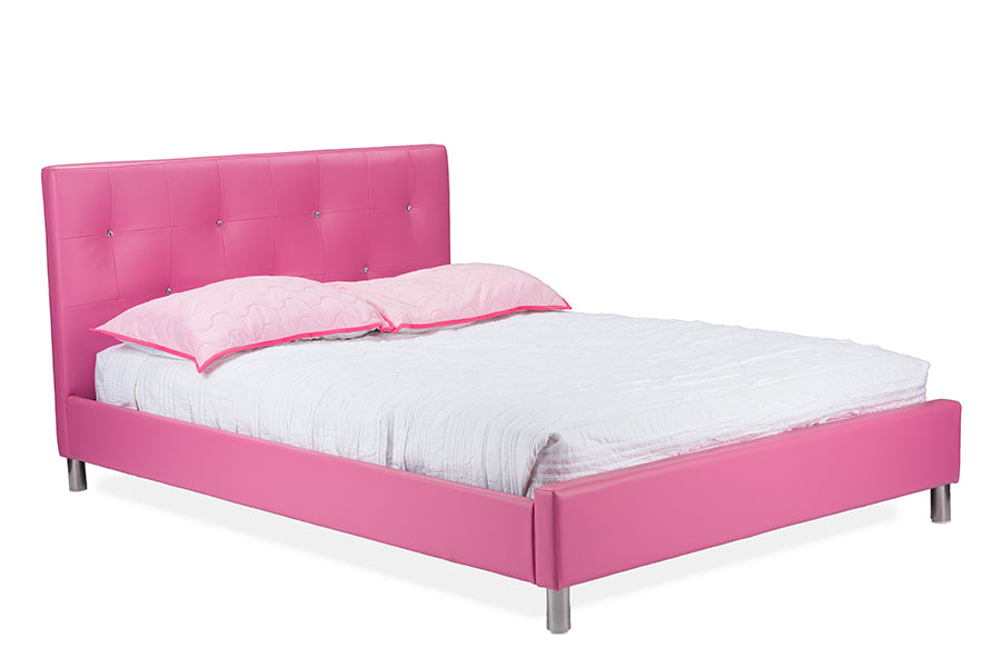 Baxton Studio Barbara Pink Leather Modern Full Size Bed with Crystal Button Tufting | Modishstore | Beds