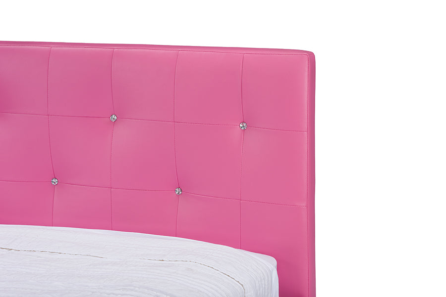 baxton studio barbara pink leather modern full size bed with crystal button tufting | Modish Furniture Store-3