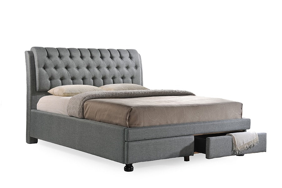 baxton studio ainge contemporary button tufted light beige fabric upholstered storage king size bed with 2 drawer | Modish Furniture Store-2
