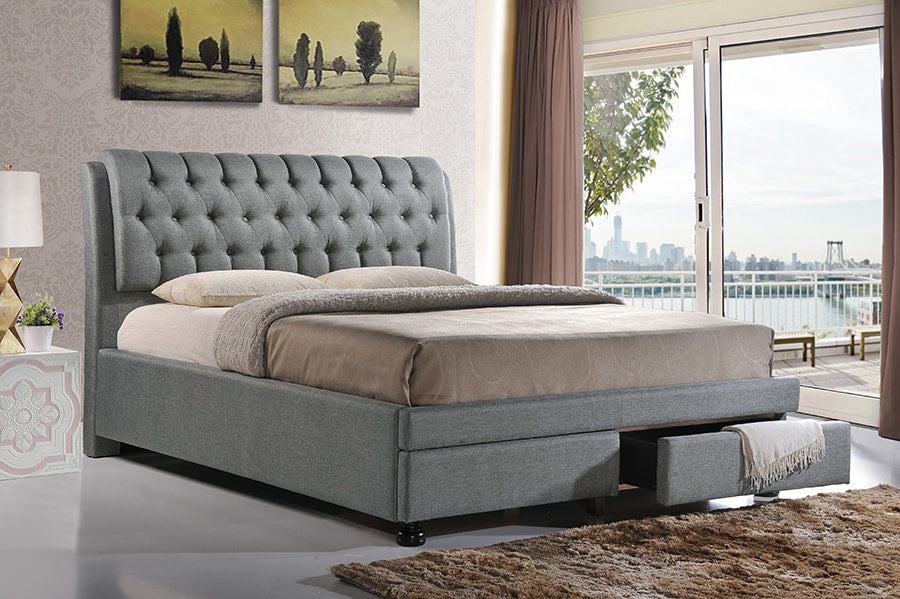 Baxton Studio Ainge Contemporary Button-Tufted Light Beige Fabric Upholstered Storage King-Size Bed with 2-drawer | Modishstore | Beds