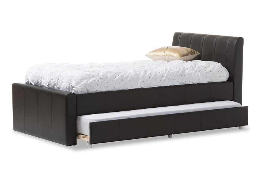baxton studio cosmo modern and contemporary black faux leather twin size trundle bed | Modish Furniture Store-2