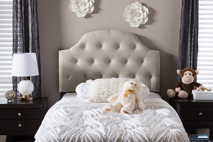 baxton studio morris modern and contemporary grey fabric upholstered button tufted scalloped twin size headboard | Modish Furniture Store-2