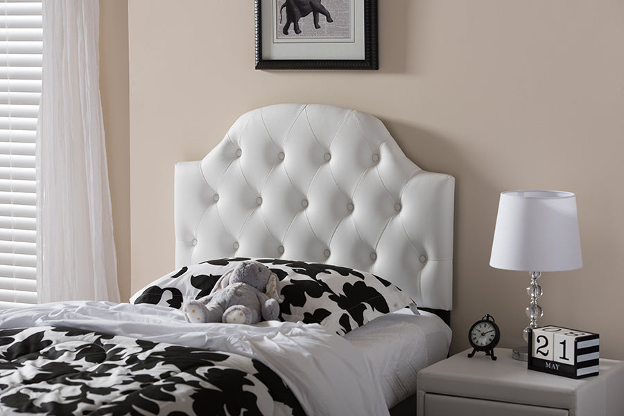 baxton studio morris modern and contemporary grey fabric upholstered button tufted scalloped twin size headboard | Modish Furniture Store-5