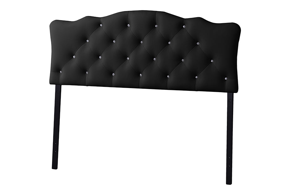 baxton studio rita modern and contemporary queen size black faux leather upholstered button tufted scalloped headboard | Modish Furniture Store-2