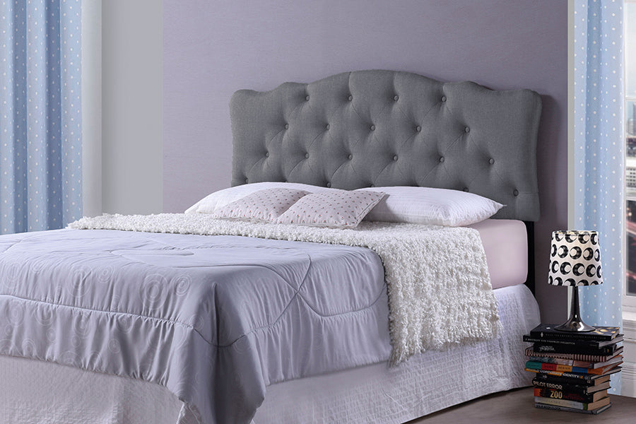 baxton studio rita modern and contemporary queen size black faux leather upholstered button tufted scalloped headboard | Modish Furniture Store-3