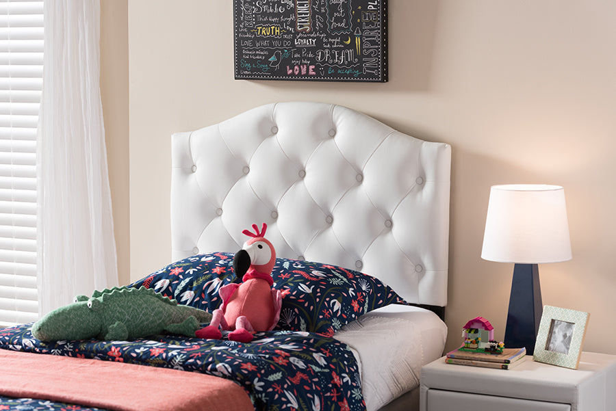 baxton studio myra modern and contemporary grey fabric upholstered button tufted scalloped twin size headboard | Modish Furniture Store-2