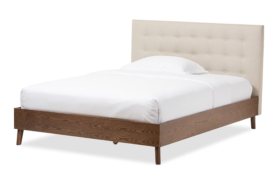 Baxton Studio Alinia Mid-century Retro Modern Grey Fabric Upholstered Walnut Wood Queen Size Platform Bed | Beds | Modishstore - 6