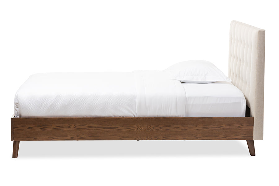 Baxton Studio Alinia Mid-century Retro Modern Grey Fabric Upholstered Walnut Wood Queen Size Platform Bed | Beds | Modishstore - 7