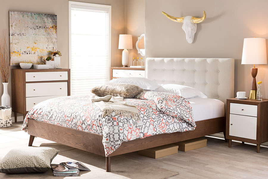 Baxton Studio Alinia Mid-century Retro Modern Grey Fabric Upholstered Walnut Wood Queen Size Platform Bed | Beds | Modishstore - 5