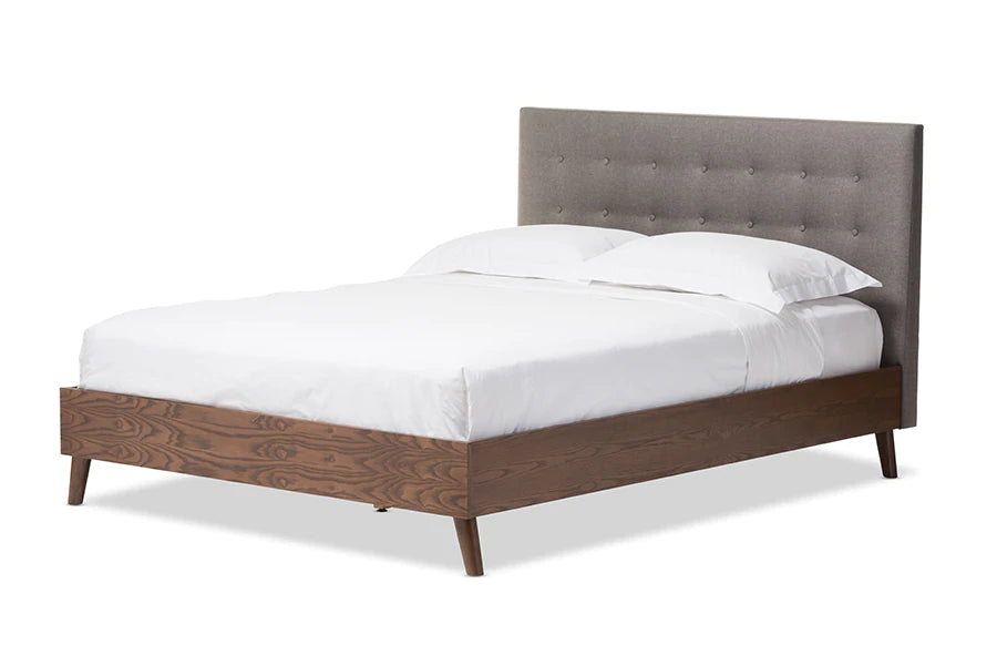 Baxton Studio Alinia Mid-century Retro Modern Grey Fabric Upholstered Walnut Wood Full Size Platform Bed | Beds | Modishstore - 2