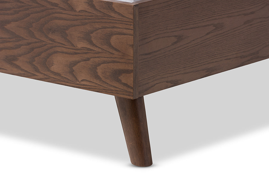 Baxton Studio Alinia Mid-century Retro Modern Grey Fabric Upholstered Walnut Wood Queen Size Platform Bed | Beds | Modishstore - 4