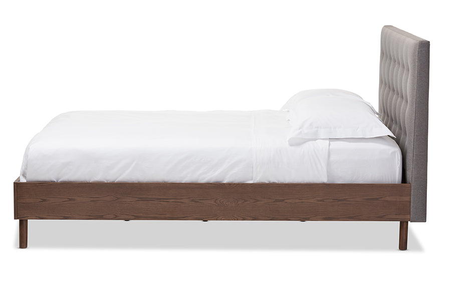 Baxton Studio Alinia Mid-century Retro Modern Grey Fabric Upholstered Walnut Wood Queen Size Platform Bed | Beds | Modishstore - 3