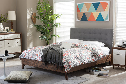 Baxton Studio Alinia Mid-century Retro Modern Grey Fabric Upholstered Walnut Wood Queen Size Platform Bed | Beds | Modishstore