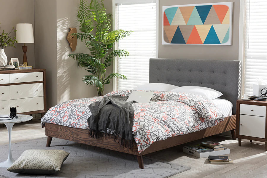 Baxton Studio Alinia Mid-century Retro Modern Grey Fabric Upholstered Walnut Wood Full Size Platform Bed | Beds | Modishstore