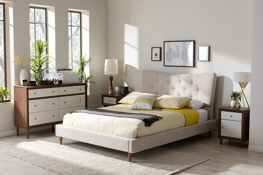 Baxton Studio Hannah Mid-Century Modern Beige Linen King Size Platform Bed | Modishstore | Beds