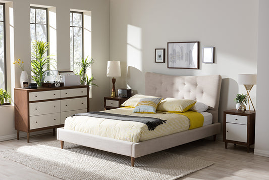 Baxton Studio Hannah Mid-Century Modern Beige Linen Queen Size Platform Bed | Modishstore | Headboards