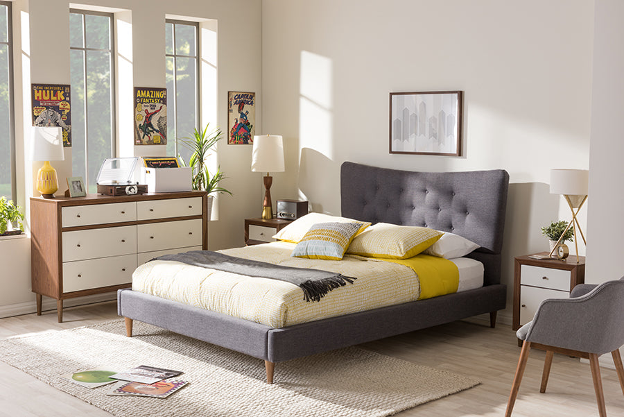 Baxton Studio Hannah Mid-Century Modern Dark Grey Fabric King Size Platform Bed | Modishstore | Headboards
