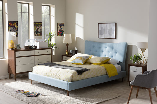 Baxton Studio Hannah Mid-Century Modern Sky Blue Fabric Queen Size Platform Bed | Modishstore | Beds