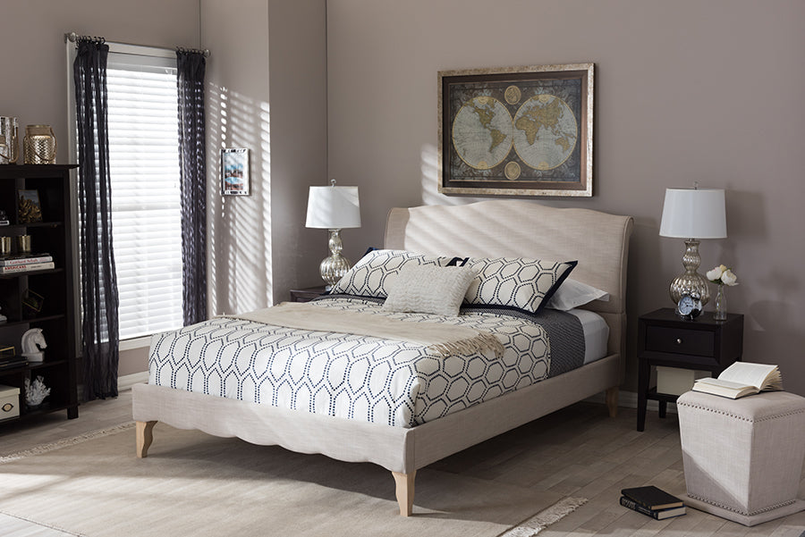 Baxton Studio Fannie French Classic Modern Style Beige Linen Fabric Full Size Platform Bed | Modishstore | Headboards