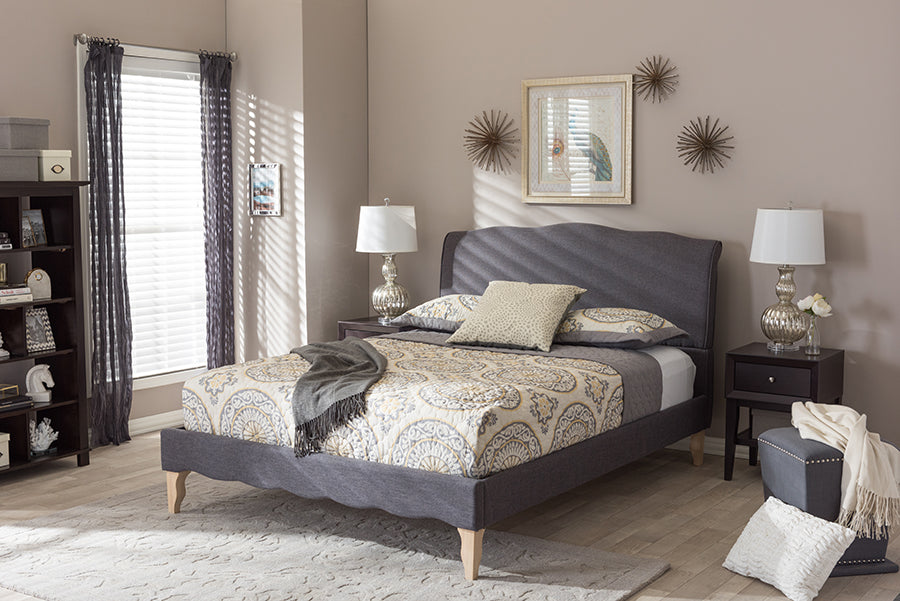 Baxton Studio Fannie French Classic Modern Style Dark Grey Polyester Fabric Queen Size Platform Bed | Modishstore | Beds