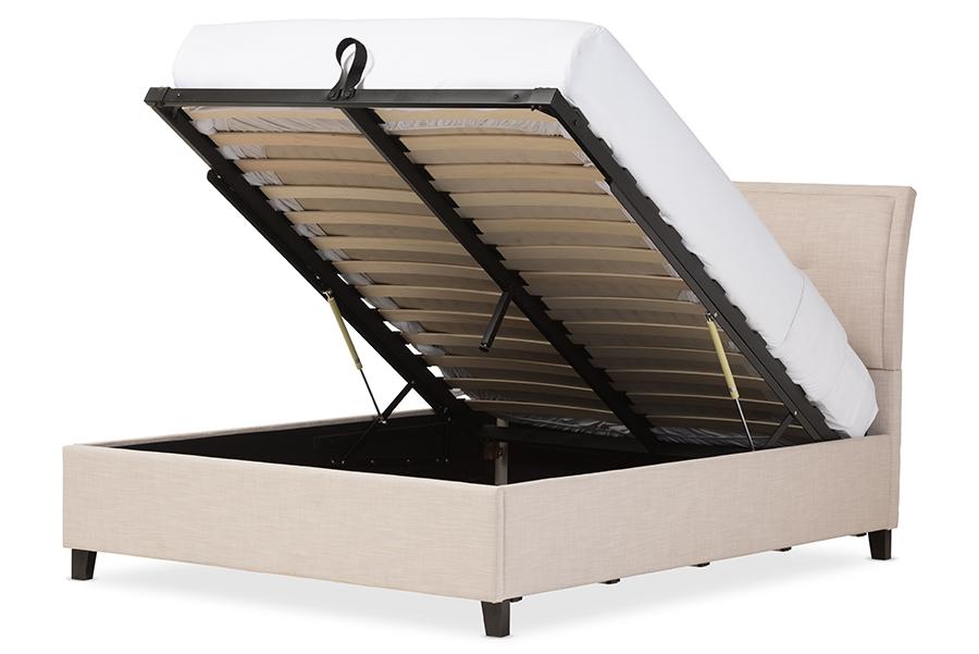 baxton studio lea modern and contemporary beige mix linen queen size storage platform bed | Modish Furniture Store-3
