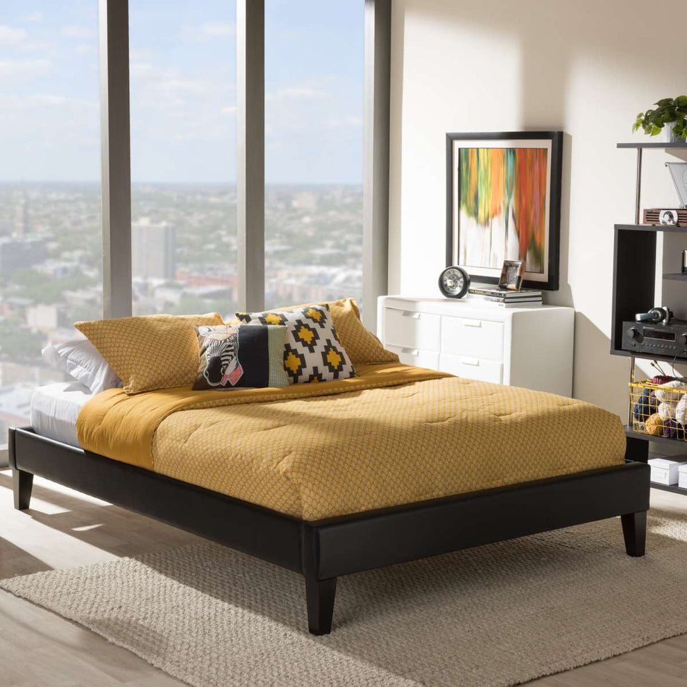 Baxton Studio Lancashire Modern and Contemporary Black Faux Leather Upholstered Full Size Bed Frame with Tapered Legs | Beds | Modishstore