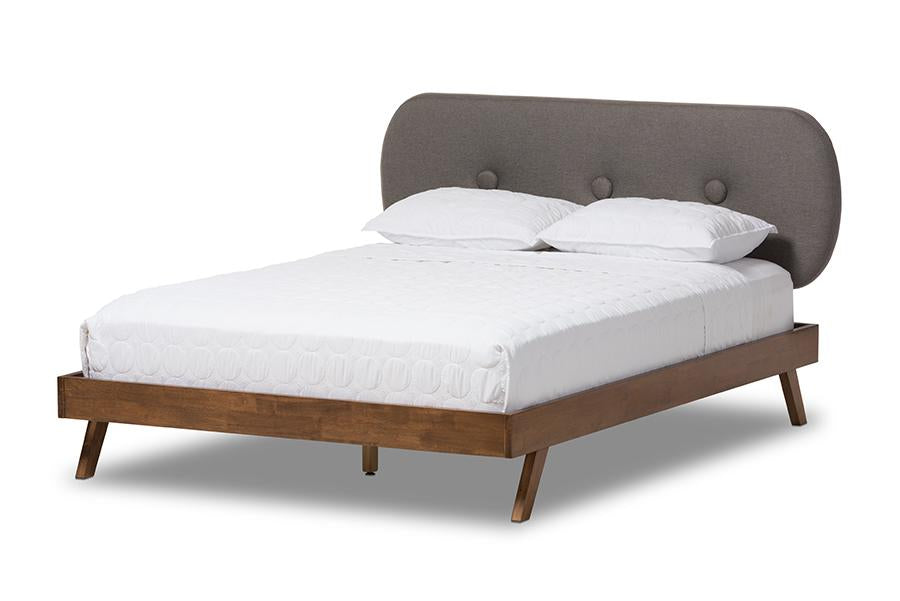 baxton studio penelope mid century modern solid walnut wood grey fabric upholstered king size platform bed | Modish Furniture Store-2