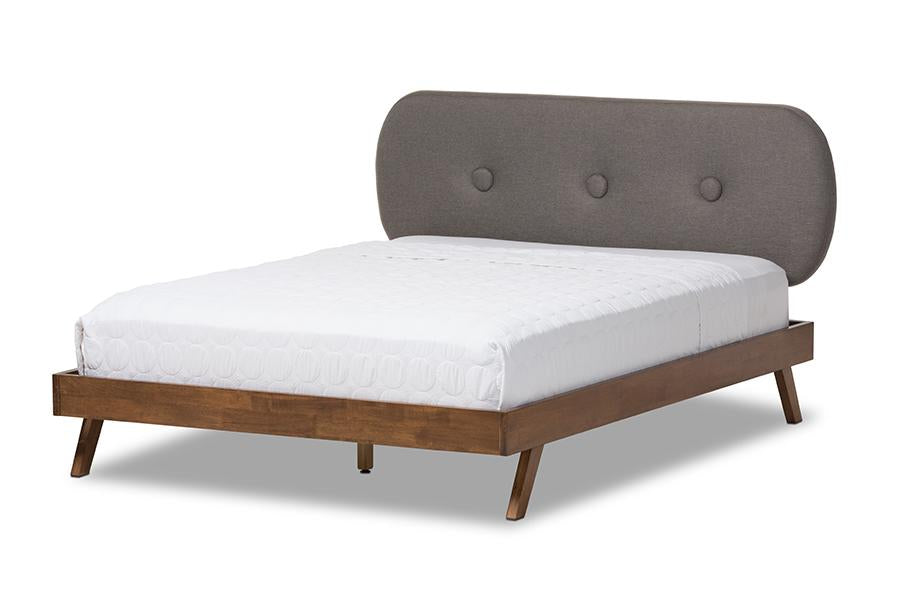 baxton studio penelope mid century modern solid walnut wood grey fabric upholstered king size platform bed | Modish Furniture Store-3