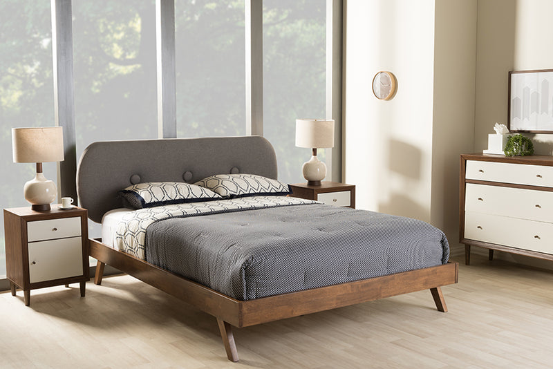 Baxton Studio Penelope Mid-Century Modern Solid Walnut Wood Grey Fabric Upholstered King Size Platform Bed | Modishstore | Beds