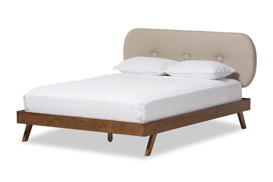 baxton studio penelope mid century modern solid walnut wood light beige fabric upholstered queen size platform bed | Modish Furniture Store-2