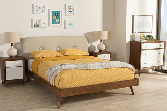 Baxton Studio Penelope Mid-Century Modern Solid Walnut Wood Light Beige Fabric Upholstered Queen Size Platform Bed | Modishstore | Beds