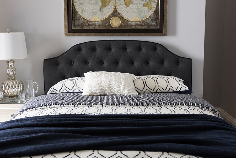 Baxton Studio Windsor Modern and Contemporary Dark Grey Fabric Upholstered Scalloped Buttoned Queen Size Headboard | Modishstore | Headboards