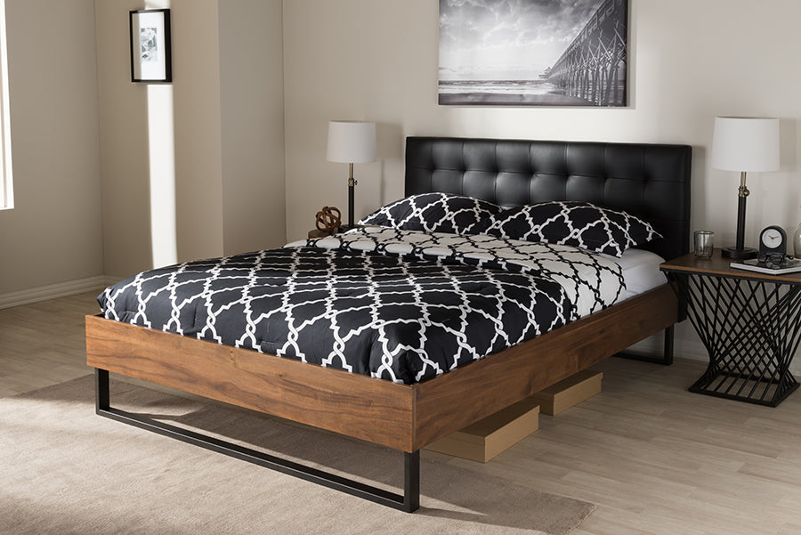 Baxton Studio Mitchell Rustic Industrial Walnut Wood Black Faux Leather Dark Bronze Metal King Size Platform Bed | Modishstore | Beds