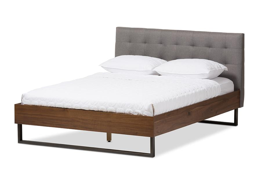 baxton studio mitchell rustic industrial walnut wood grey fabric dark bronze metal full size platform bed | Modish Furniture Store-3