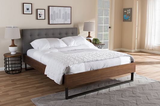 Baxton Studio Mitchell Rustic Industrial Walnut Wood Grey Fabric Dark Bronze Metal Full Size Platform Bed | Modishstore | Beds